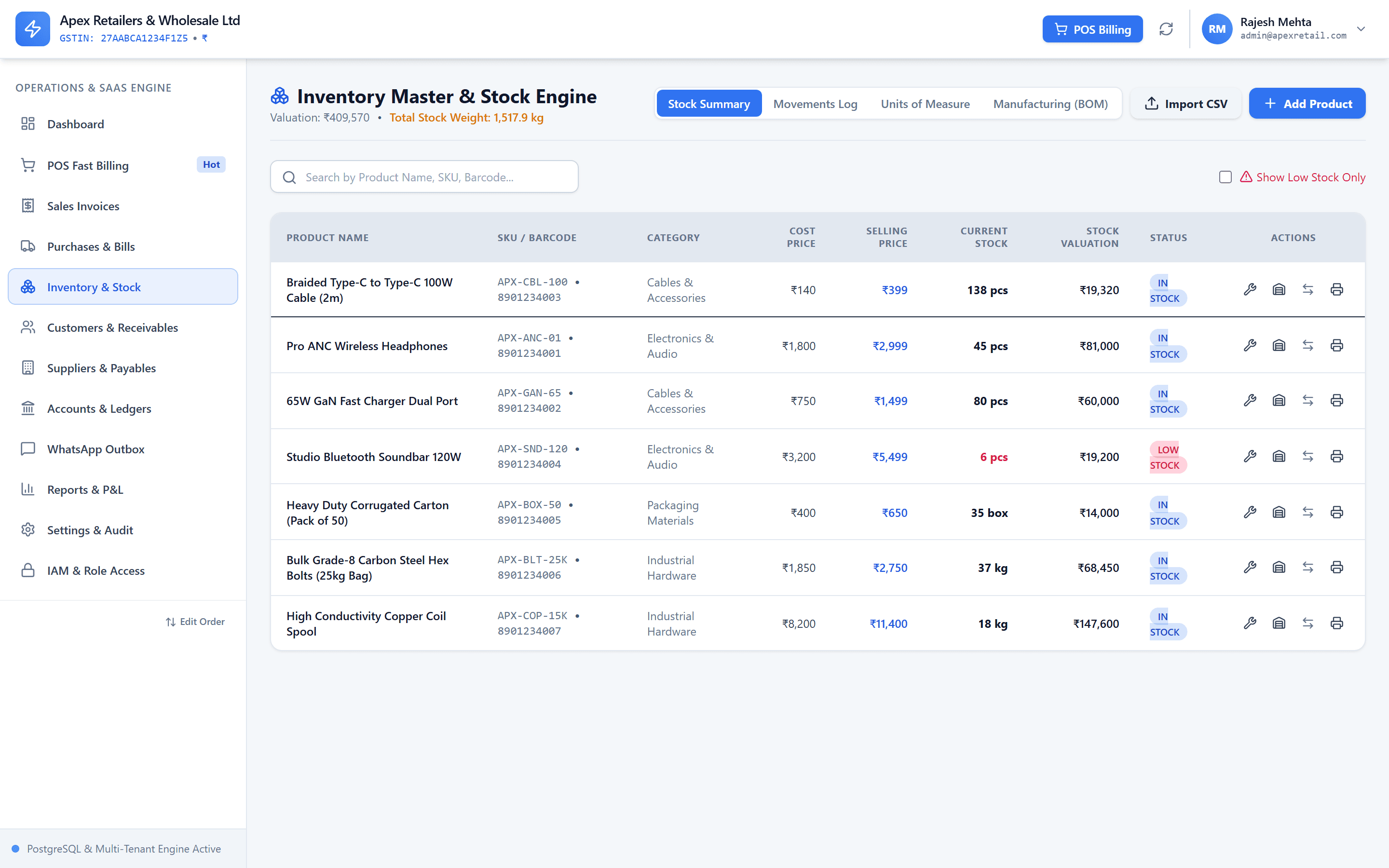 HisabNest inventory and stock module showing products, warehouses and valuation