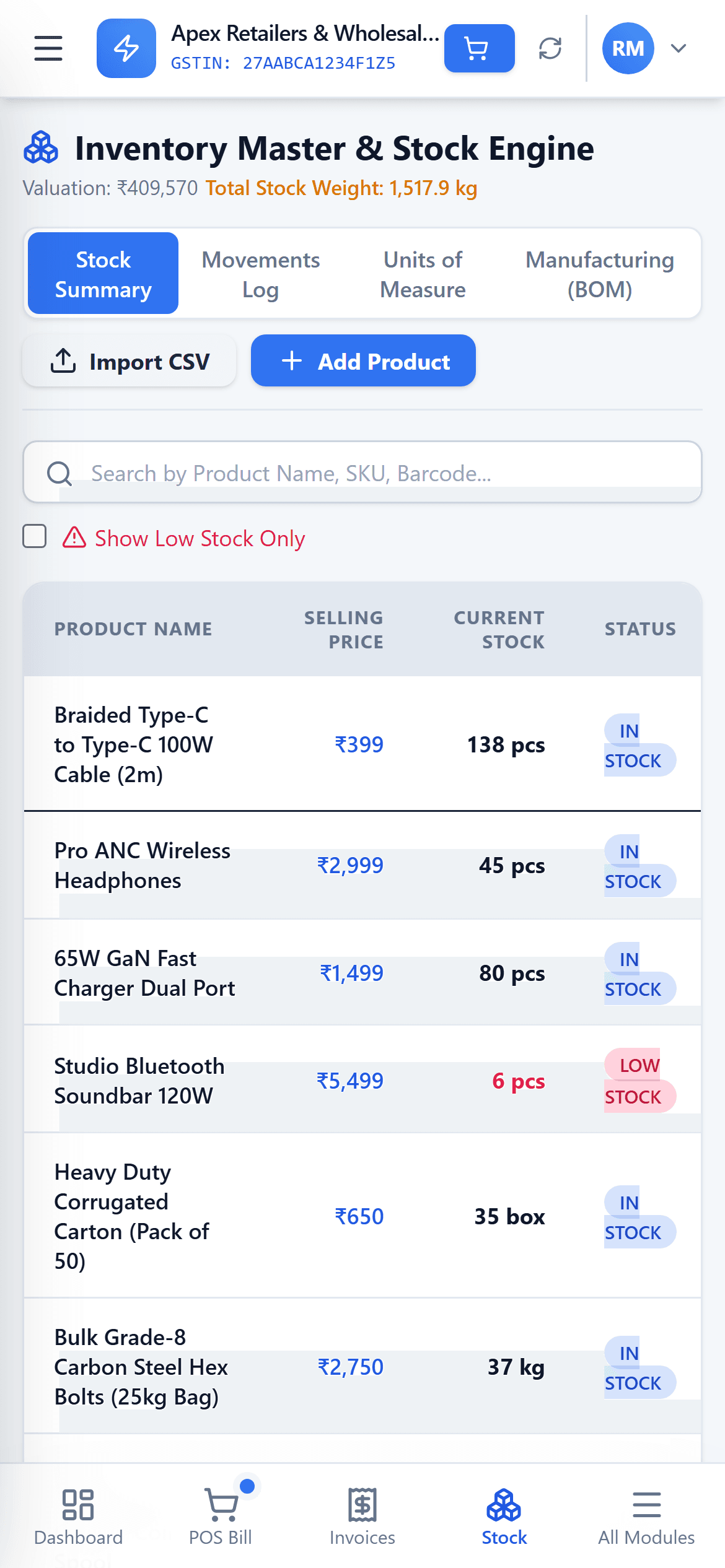 HisabNest inventory and stock module showing products, warehouses and valuation, on a phone