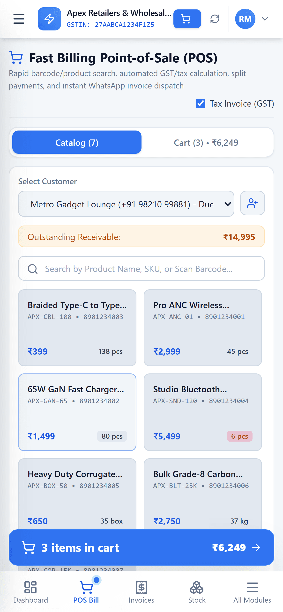 HisabNest POS billing on a phone, with three items in the cart