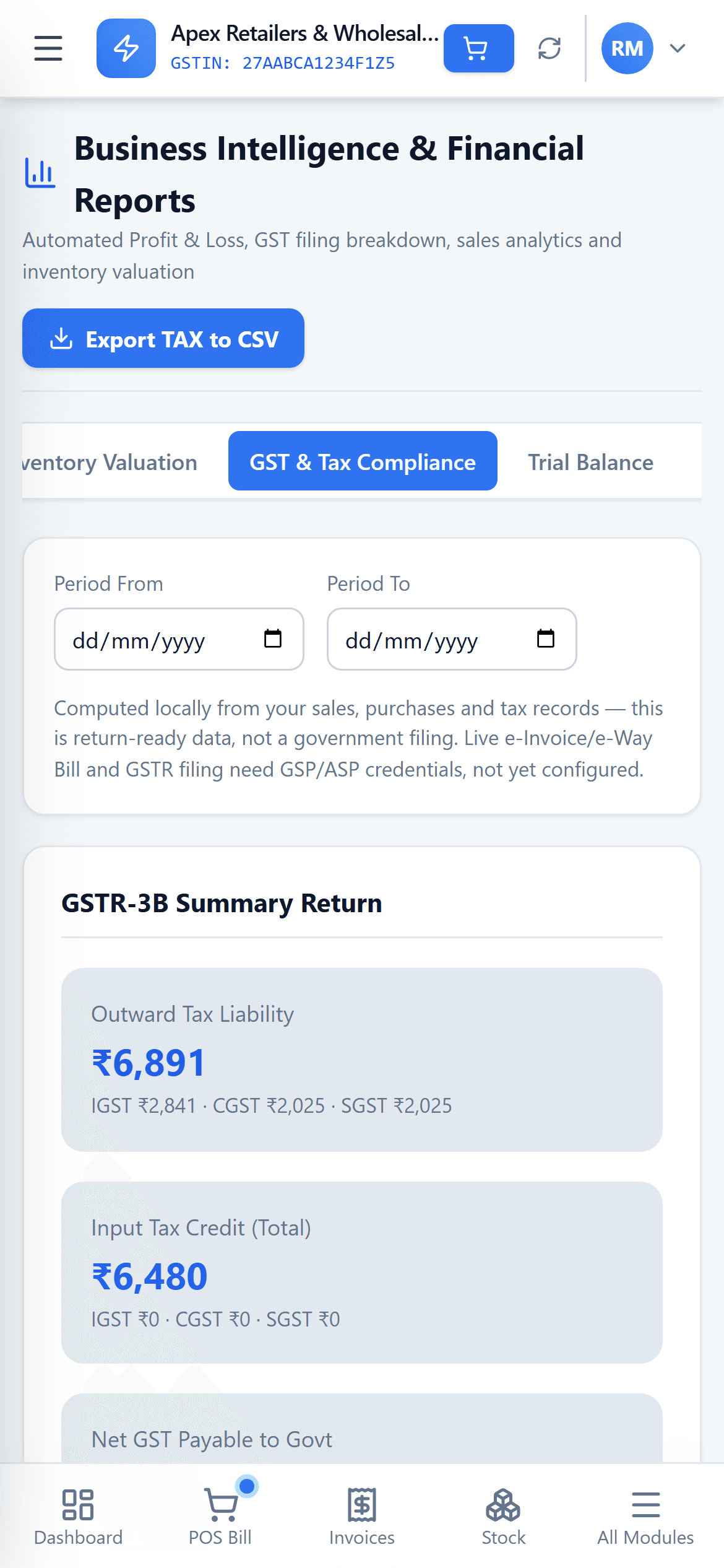 HisabNest reports module showing GST returns, P&L and financial statements, on a phone