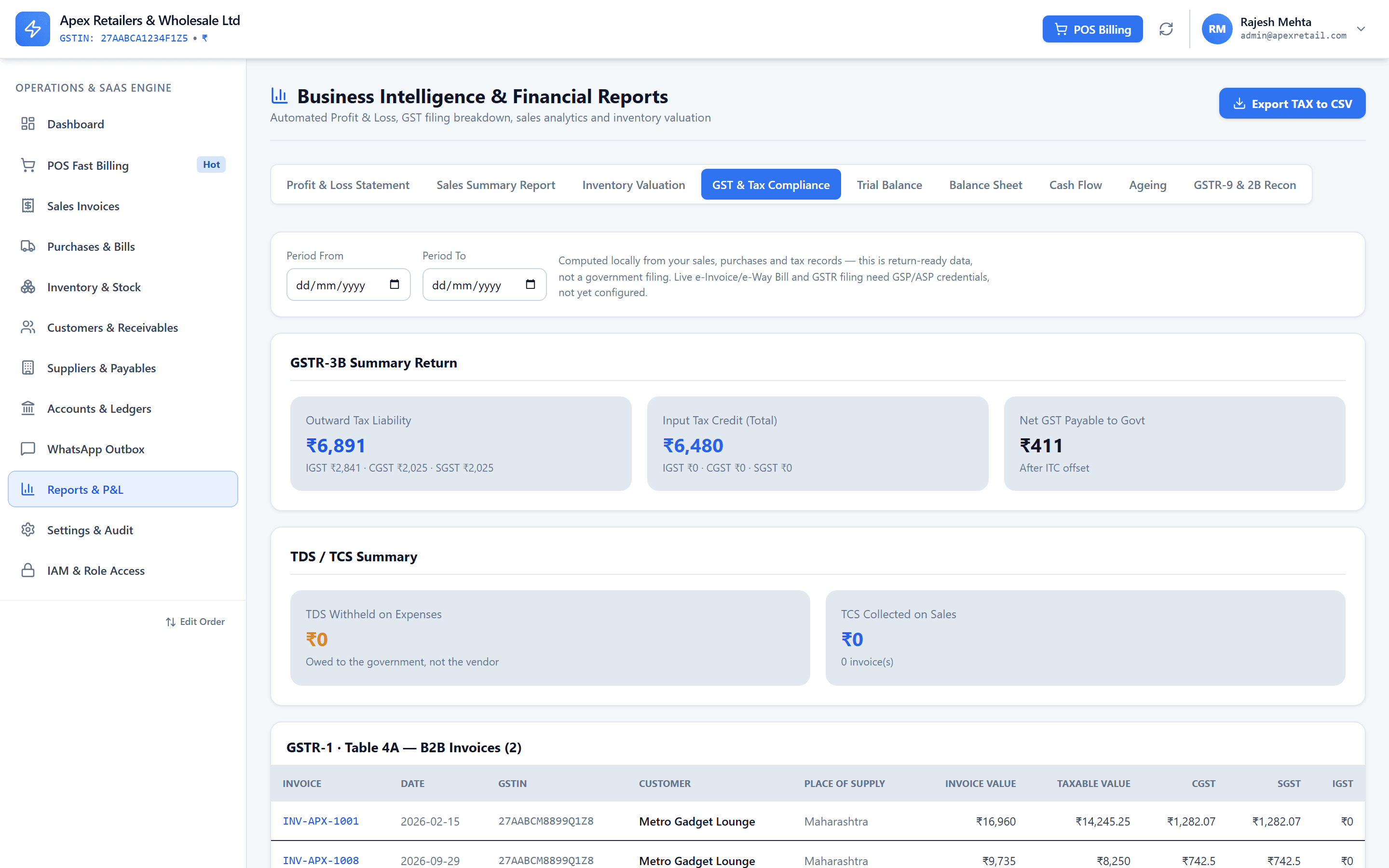 HisabNest reports module showing GST returns, P&L and financial statements