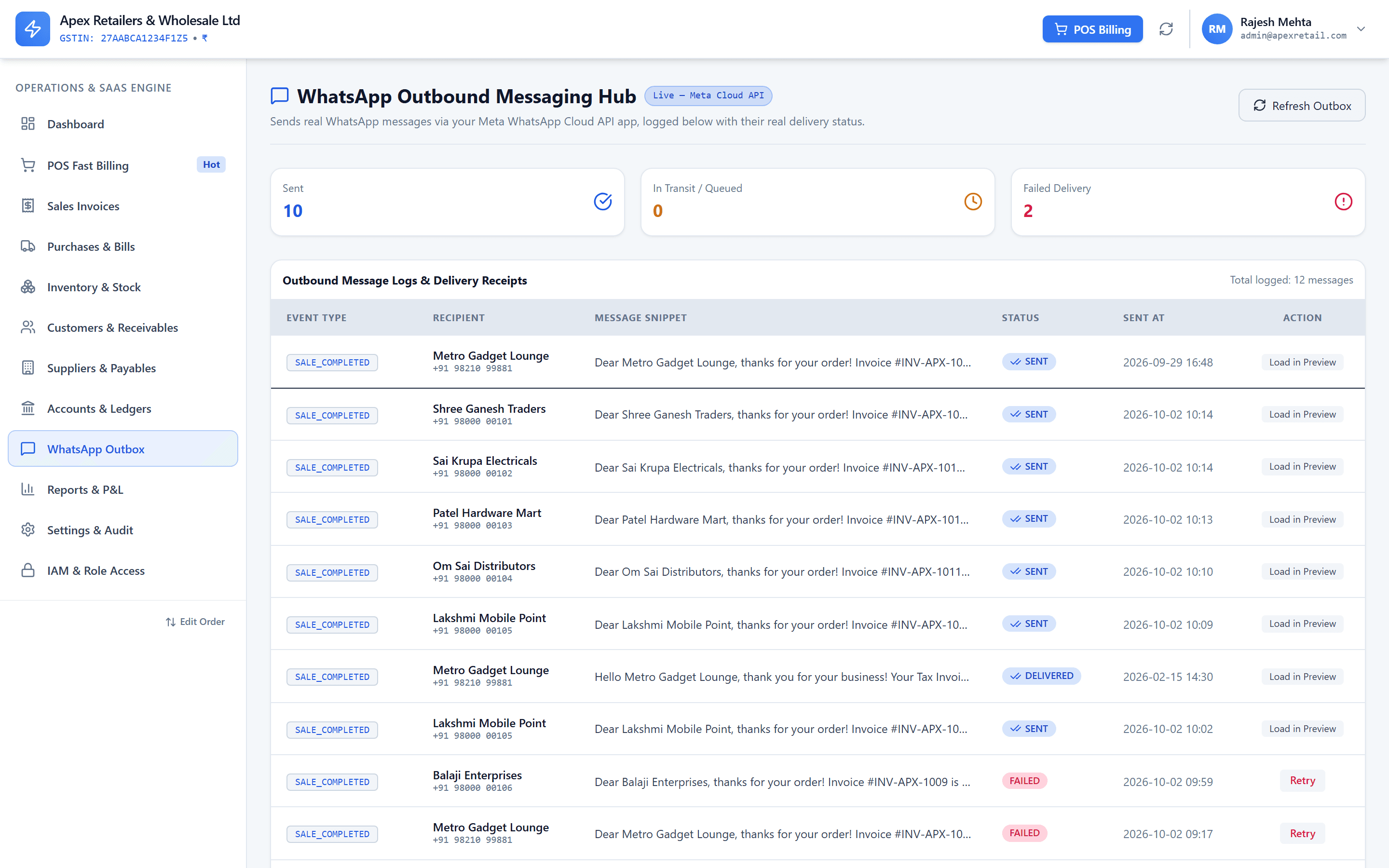 HisabNest WhatsApp outbox listing dispatched invoices with SENT, DELIVERED and FAILED delivery receipts